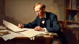 A painting of Andrew Wiles, a mathematician, sitting at a desk and gazing thoughtfully at a paper filled with mathematical equations, with the Fermat's Las