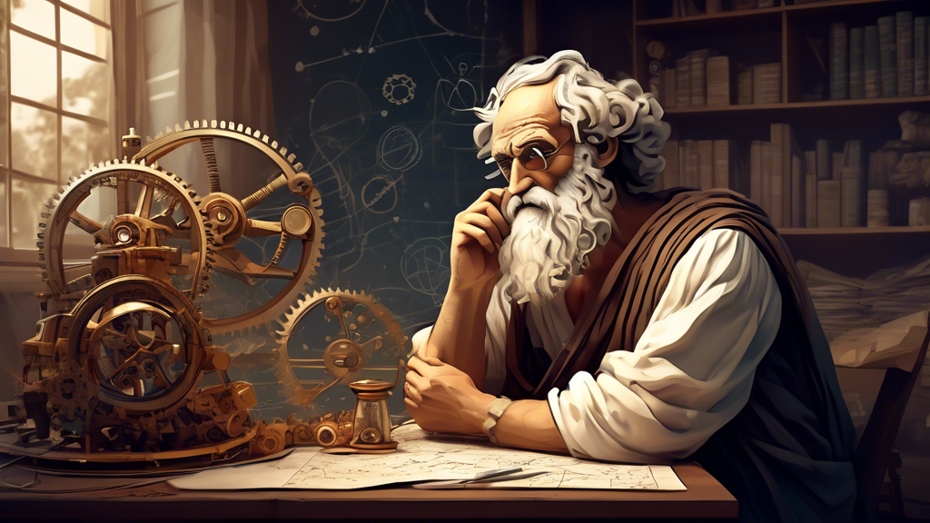 An ancient Greek philosopher and scientist Archimedes contemplating with mathematical formulas and mechanical gears floating around him.