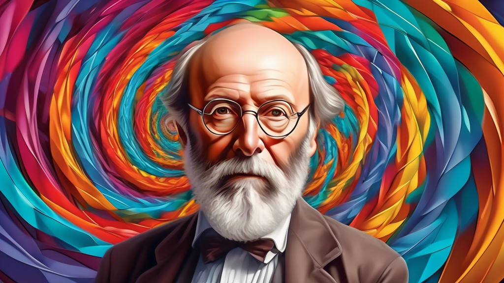 A photorealistic portrait of Bernhard Riemann emerging from a colorful swirl of hyperbolic and elliptic geometry, showcasing his pioneering contributions t