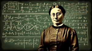 Emmy Noether standing in front of a blackboard with algebraic equations and theories.