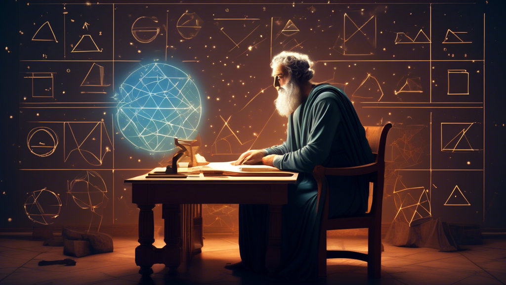 An ancient Greek mathematician sitting at a desk, surrounded by geometrical shapes, with the faint glow of a celestial body in the background.