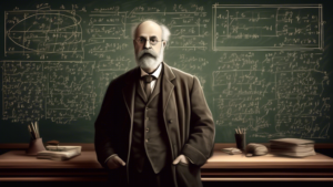 An artistic depiction of Grigori Perelman, the mathematician who solved the Poincaré conjecture, standing in front of a chalkboard filled with mathematical