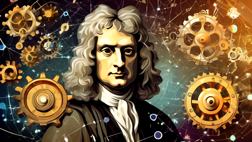 Isaac Newton, a man surrounded by gears, prisms, and mathematical equations, representing his contributions to the foundations of calculus.