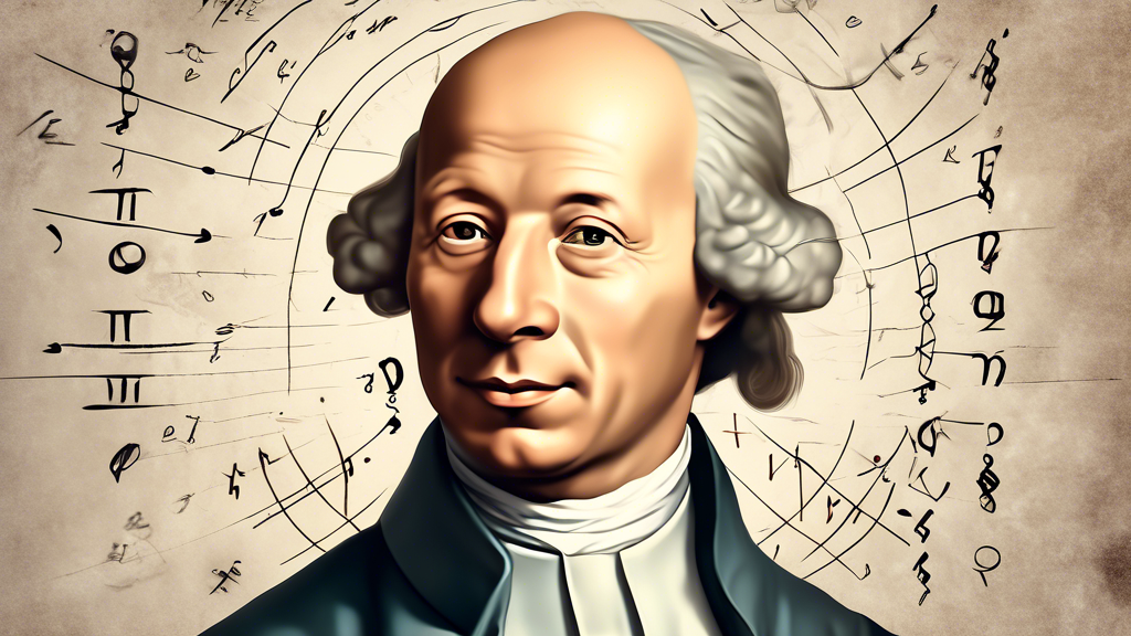 A portrait of Leonhard Euler, the Swiss mathematician, with mathematical symbols and formulas floating around him, representing his diverse mathematical co