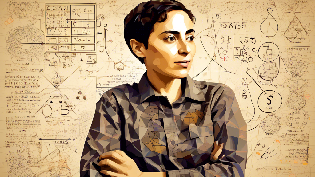 A portrait of Maryam Mirzakhani, the first woman to win the Fields Medal, with a background of mathematical symbols and equations.