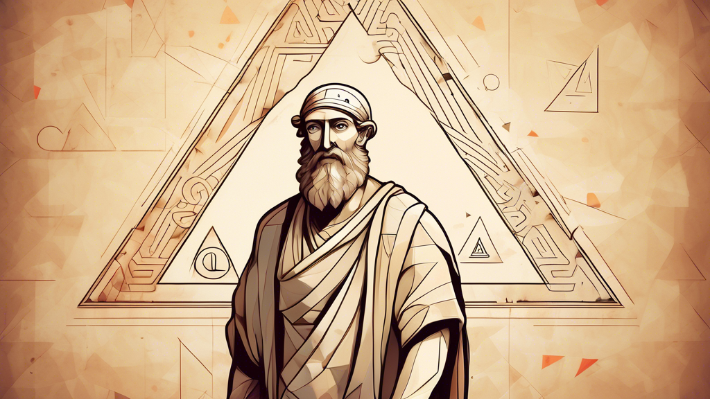 An illustration of Pythagoras standing next to a triangle with the Pythagorean theorem written on it, surrounded by geometric shapes and symbols.