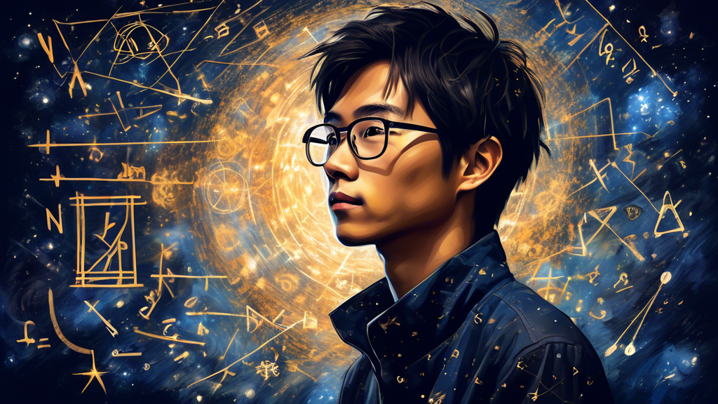 A portrait of a young Terence Tao, surrounded by mathematical symbols and equations, with a starry night sky in the background, representing his brilliance